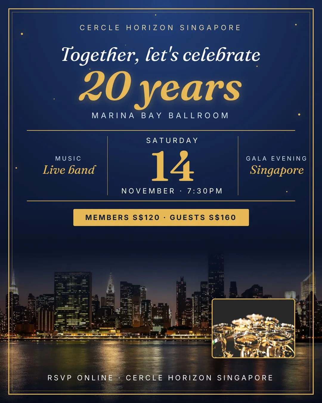 Invitation to a gala: midnight blue background, date in gold, a city at night and champagne glasses