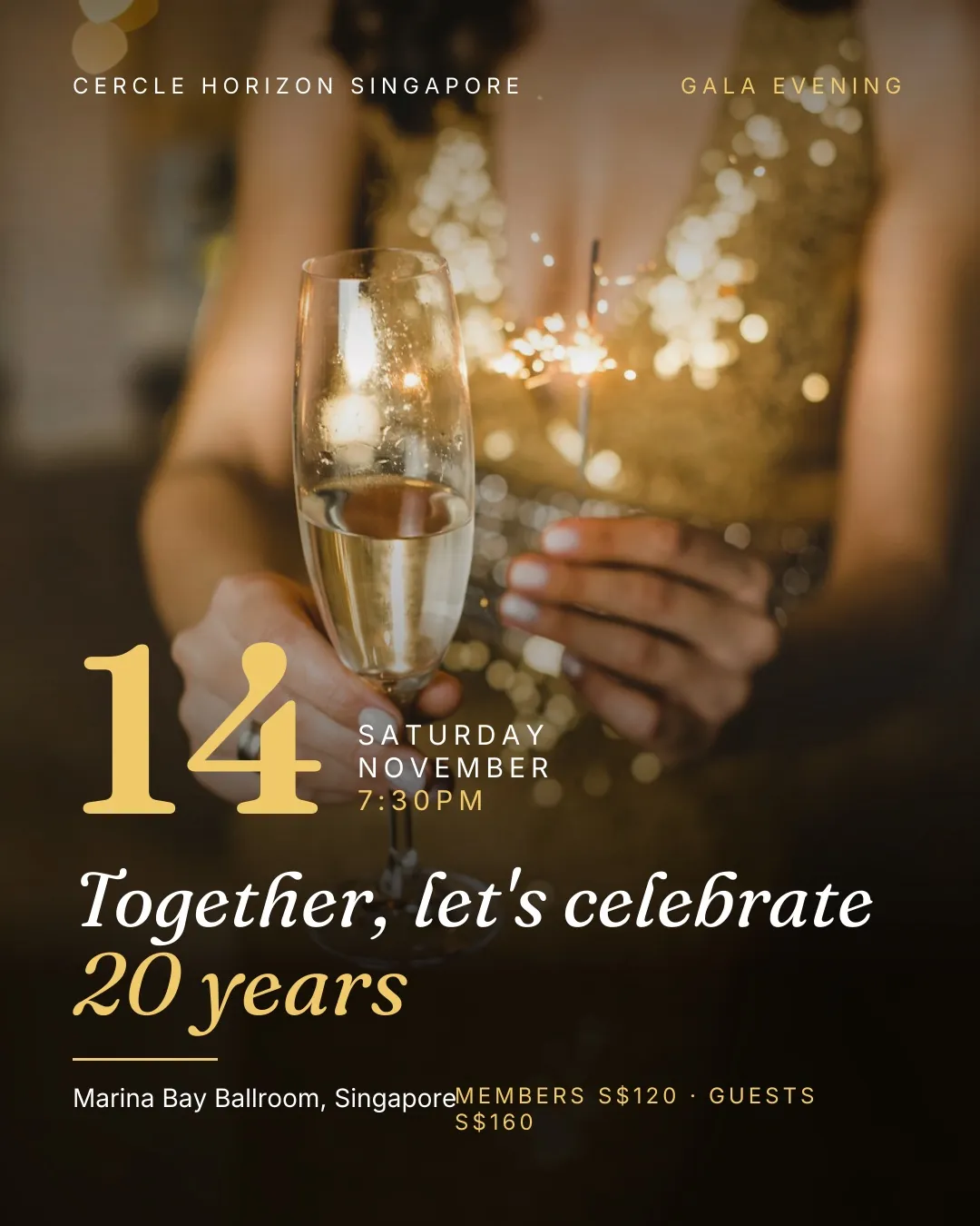 Photo invitation to the same event: a glass of champagne, the date in large type