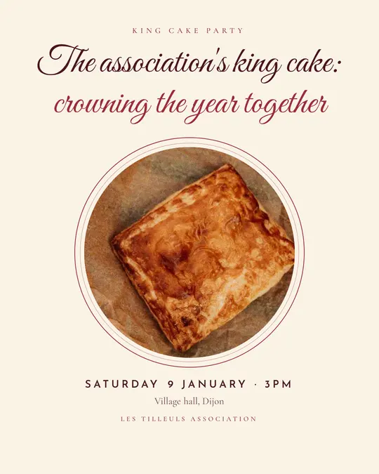 Sample flyer, "Medallion · Cream and burgundy" template, Epiphany: "The association's king cake: crowning the year together"