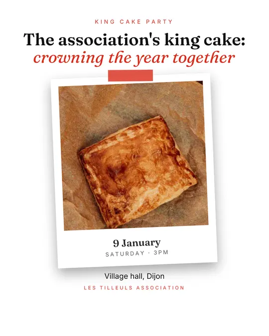 Sample flyer, "Print · White and red" template, Epiphany: "The association's king cake: crowning the year together"