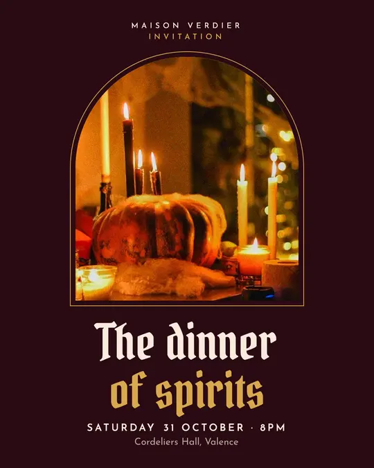 Sample flyer, "Arch · Dark burgundy and gold" template, Halloween: "The dinner of spirits"