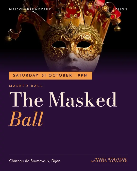 Sample flyer, "Banner · Purple and copper" template, Halloween: "The Masked Ball"