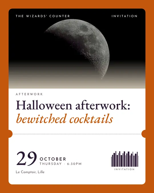 Sample flyer, "Ticket · Paper and pumpkin" template, Halloween: "Halloween afterwork: bewitched cocktails"