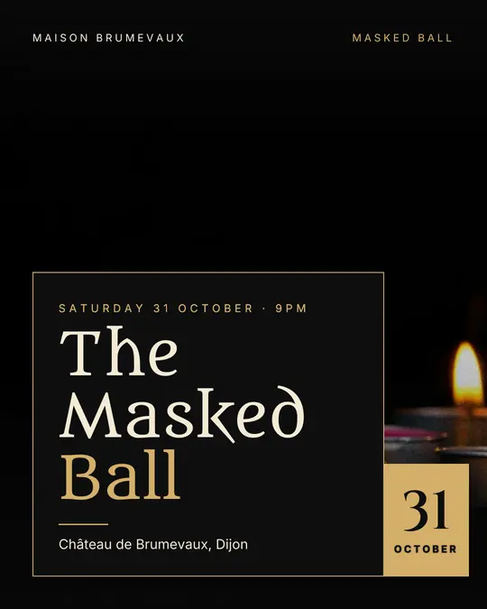 Sample flyer, "Laid card · Black and gold" template, Halloween: "The Masked Ball"