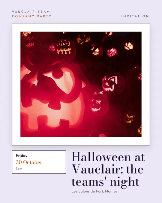 Sample flyer, "Gallery · Lavender mist" template, Halloween: "Halloween at Vauclair: the teams' night"