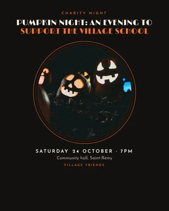 Sample flyer, "Medallion · Ink and orange" template, Halloween: "Pumpkin Night: an evening to support the village school"