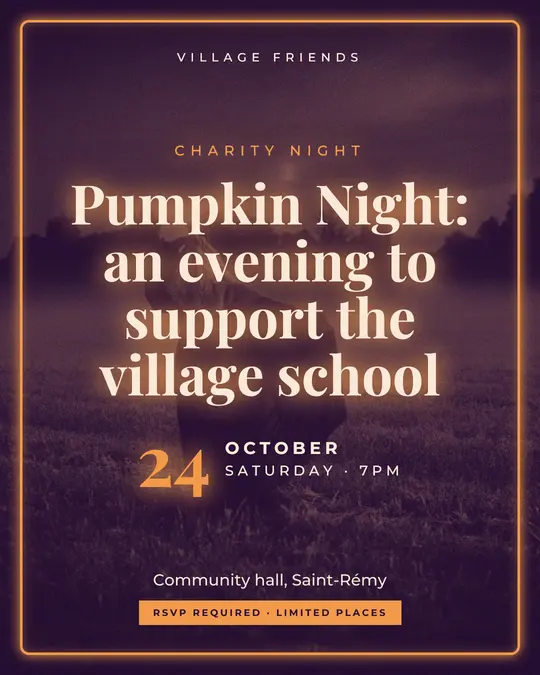 Sample flyer, "Neon · Purple and copper" template, Halloween: "Pumpkin Night: an evening to support the village school"