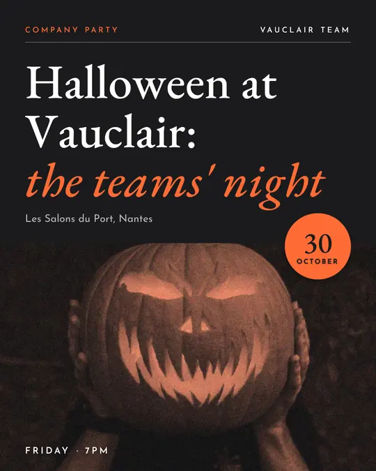Sample flyer, "Photo foot · Orange on charcoal" template, Halloween: "Halloween at Vauclair: the teams' night"