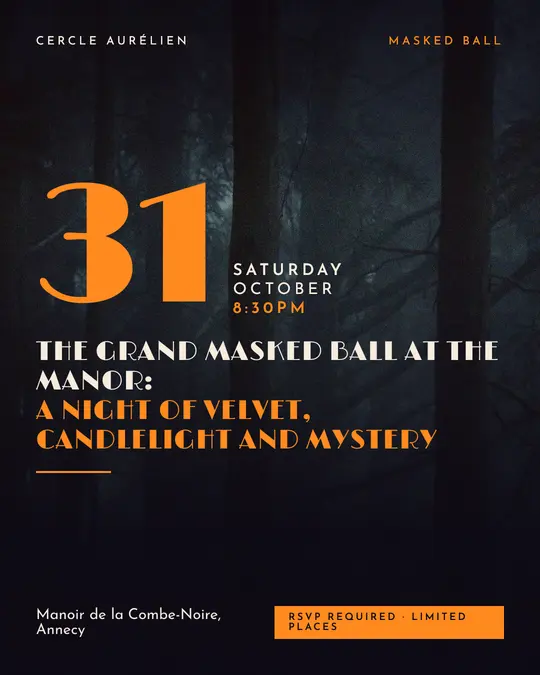 Sample flyer, "Grand poster · Night and pumpkin" template, Halloween: "The grand masked ball at the manor: a night of velvet, candlelight and mystery"