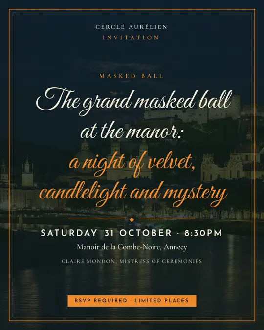 Sample flyer, "Framed card · Forest and pumpkin" template, Halloween: "The grand masked ball at the manor: a night of velvet, candlelight and mystery"