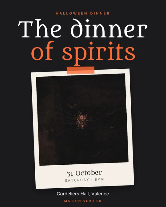 Sample flyer, "Print · Orange on charcoal" template, Halloween: "The dinner of spirits"