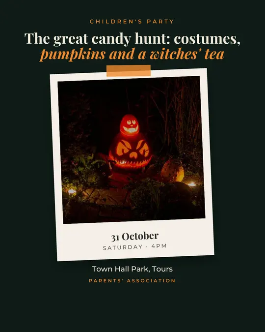 Sample flyer, "Print · Forest and pumpkin" template, Halloween: "The great candy hunt: costumes, pumpkins and a witches' tea"