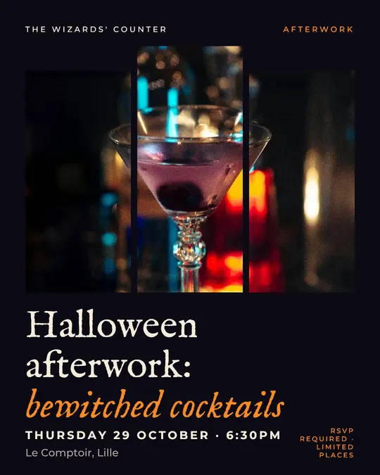 Sample flyer, "Triptych · Night and pumpkin" template, Halloween: "Halloween afterwork: bewitched cocktails"