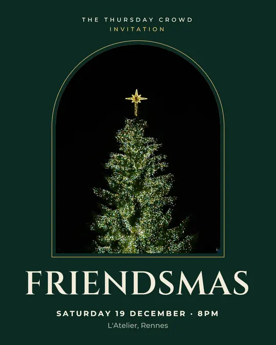 Sample flyer, "Arch · Golden emerald" template, Christmas: "Friendsmas"