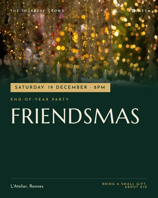 Sample flyer, "Banner · Golden emerald" template, Christmas: "Friendsmas"