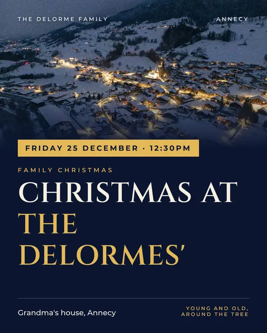 Sample flyer, "Banner · Night and gold" template, Christmas: "Christmas at the Delormes'"