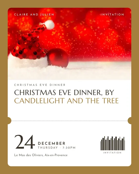 Sample flyer, "Ticket · Golden ivory" template, Christmas: "Christmas Eve dinner, by candlelight and the tree"