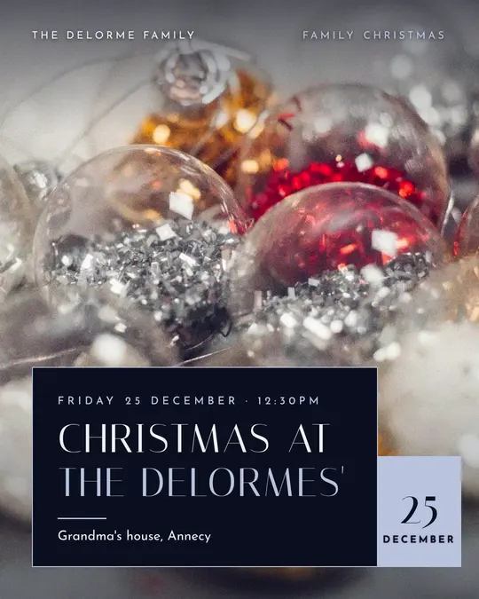 Sample flyer, "Laid card · Silver midnight" template, Christmas: "Christmas at the Delormes'"