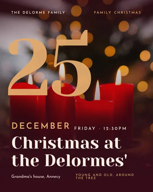 Sample flyer, "Giant date · Burgundy and copper" template, Christmas: "Christmas at the Delormes'"