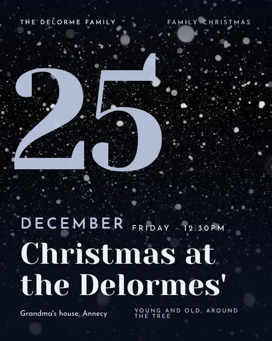 Sample flyer, "Giant date · Silver midnight" template, Christmas: "Christmas at the Delormes'"