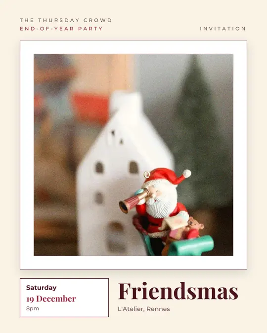 Sample flyer, "Gallery · Cream and burgundy" template, Christmas: "Friendsmas"