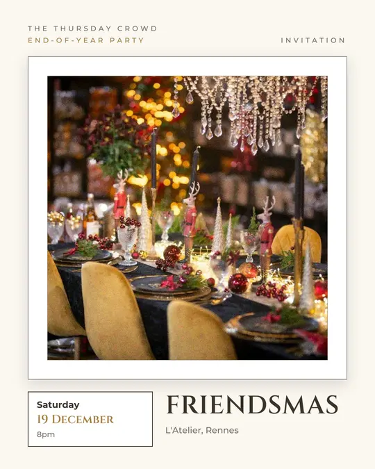 Sample flyer, "Gallery · Golden ivory" template, Christmas: "Friendsmas"