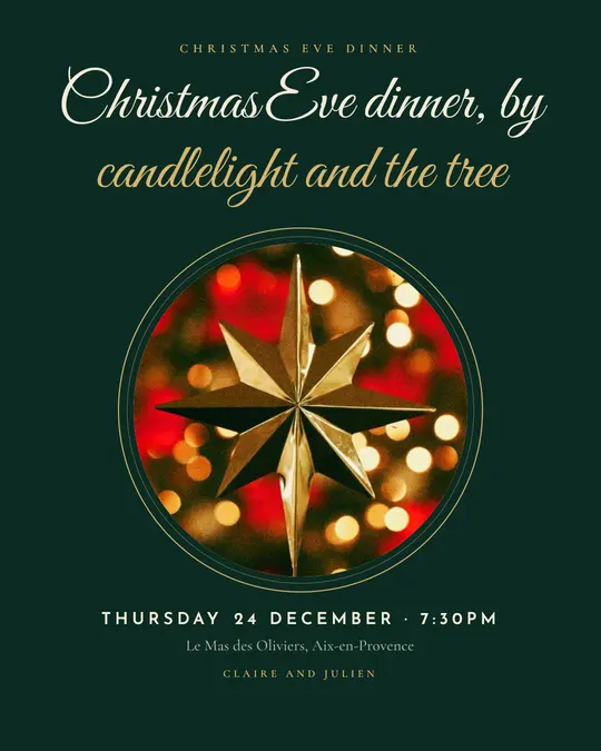 Sample flyer, "Medallion · Golden emerald" template, Christmas: "Christmas Eve dinner, by candlelight and the tree"