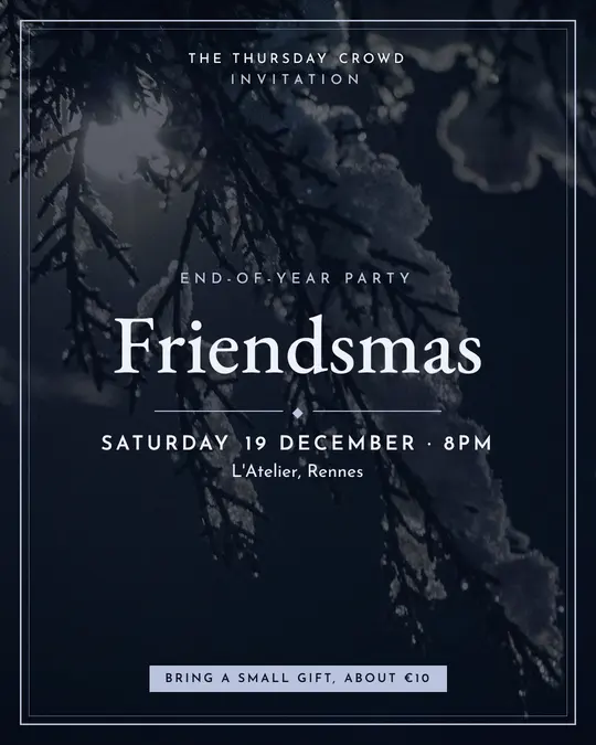 Sample flyer, "Framed card · Silver midnight" template, Christmas: "Friendsmas"