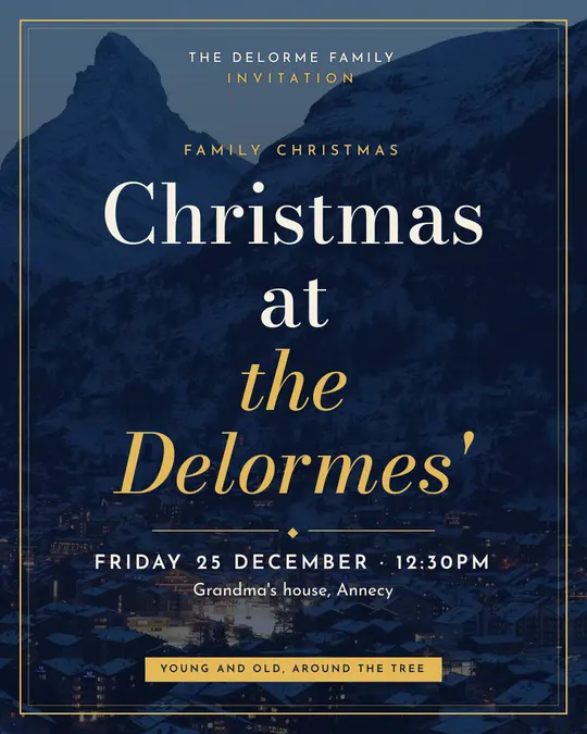 Sample flyer, "Framed card · Night and gold" template, Christmas: "Christmas at the Delormes'"