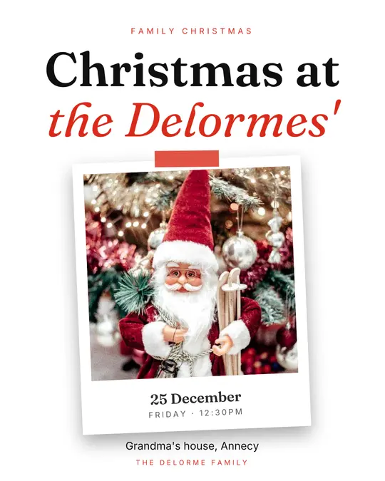 Sample flyer, "Print · White and red" template, Christmas: "Christmas at the Delormes'"