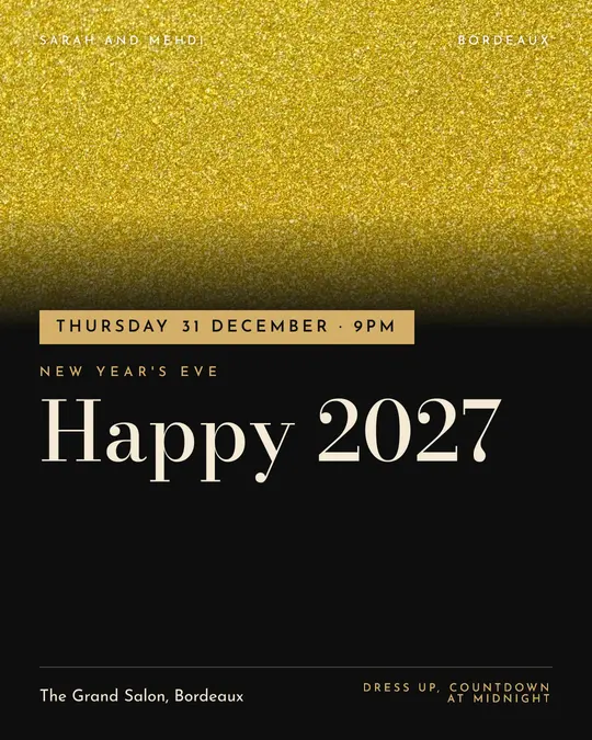 Sample flyer, "Banner · Black and gold" template, New Year's Eve: "Happy 2027"