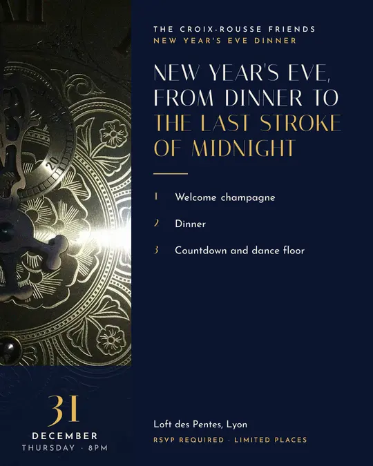 Sample flyer, "Column · Night and gold" template, New Year's Eve: "New Year's Eve, from dinner to the last stroke of midnight"