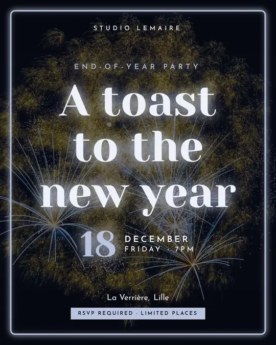 Sample flyer, "Neon · Silver midnight" template, New Year's Eve: "A toast to the new year"