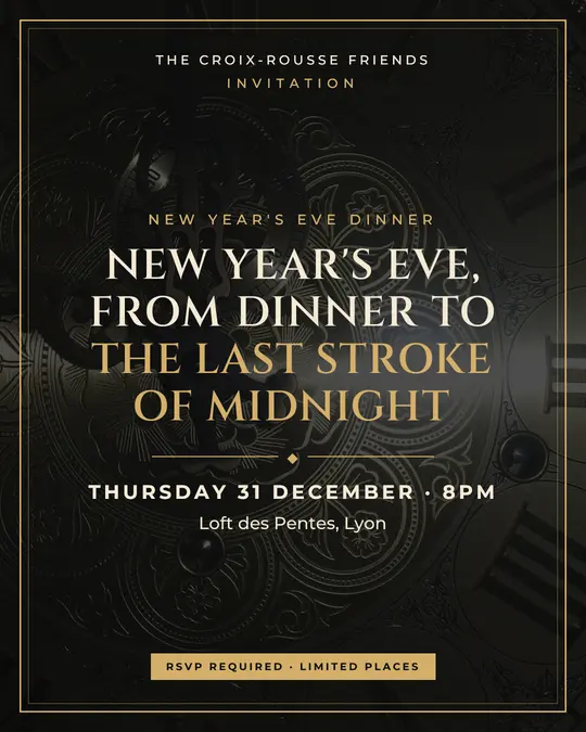 Sample flyer, "Framed card · Black and gold" template, New Year's Eve: "New Year's Eve, from dinner to the last stroke of midnight"