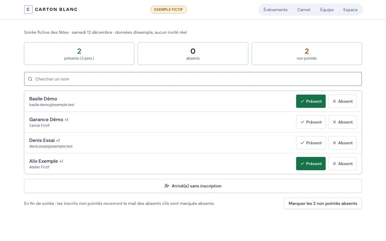 Fictional example: check-in on the night, with present and absent counters and Present or Absent buttons for each registered guest.