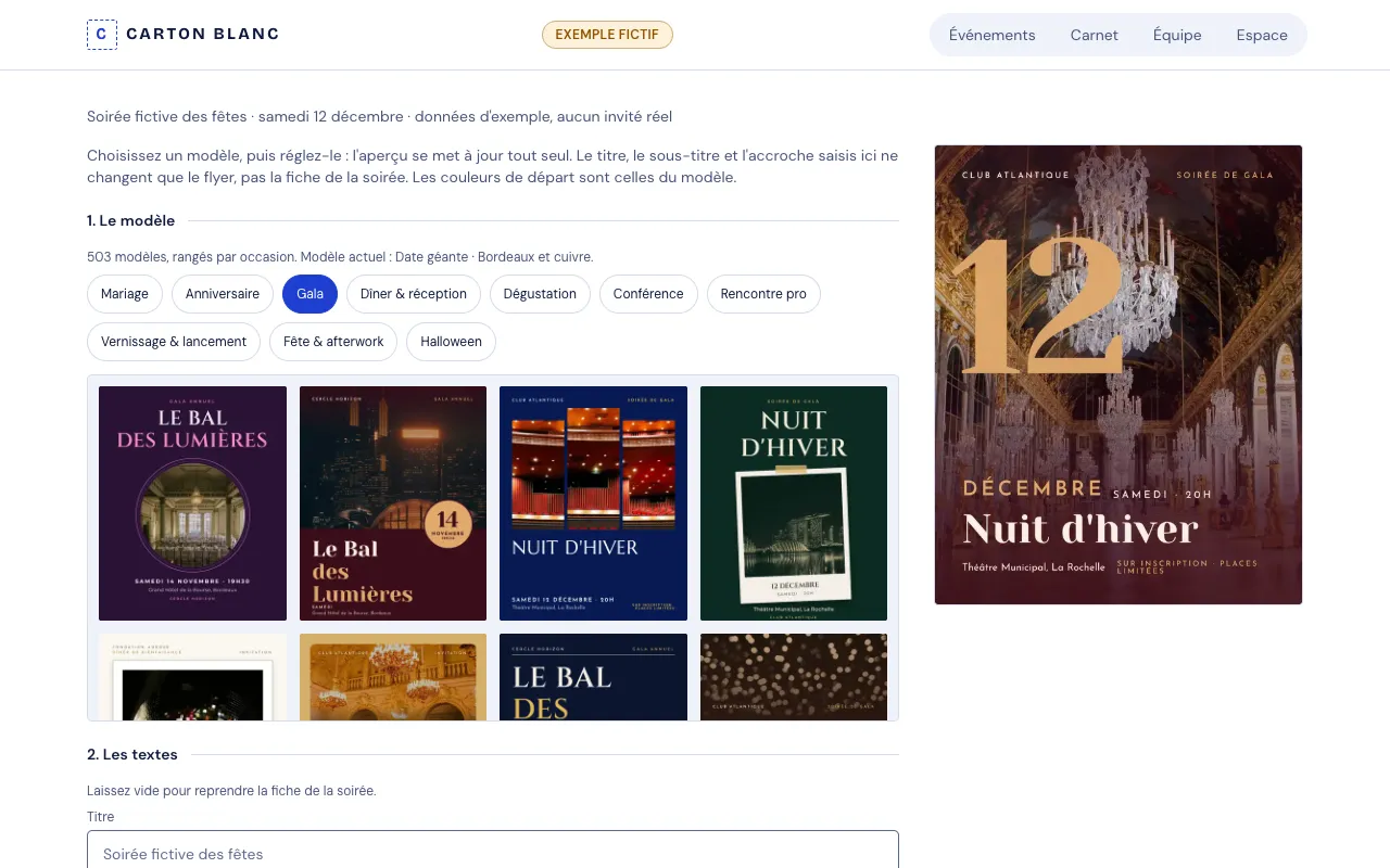 Fictional example: the invitation workshop, choosing among the gala templates, with a preview of the “Nuit d'hiver” invitation.