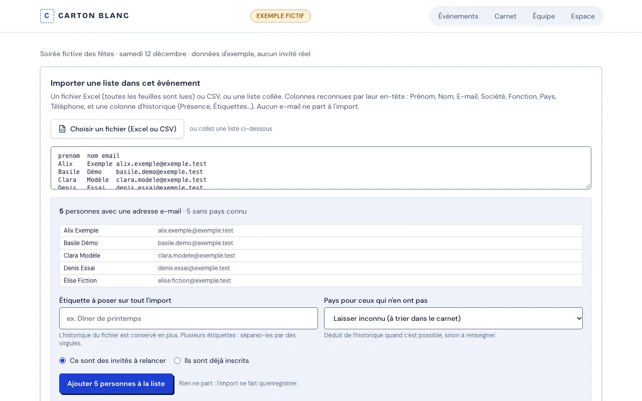 Fictional example: importing a pasted list, five made-up guests recognised with their e-mail address, before they are added to the list.