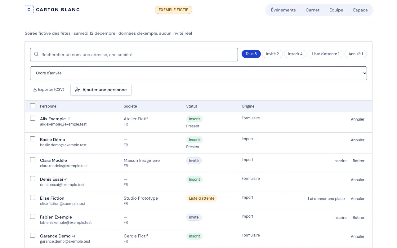 Fictional example: an event's guest list, with Invited, Registered, Waiting list and Cancelled counters and each person's status.