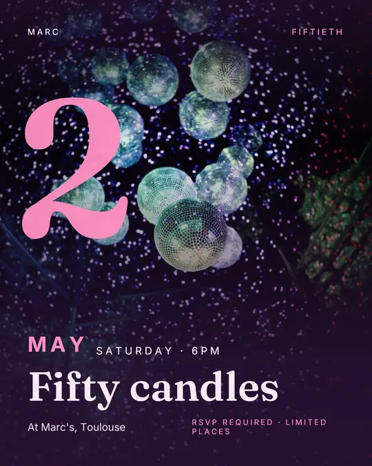 Sample flyer, "Giant date · Plum and pink" template, Birthday: "Fifty candles"