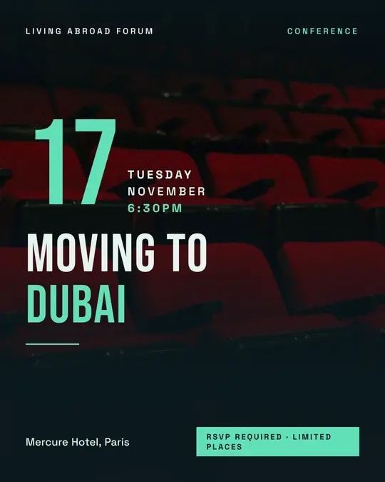 Sample flyer, "Grand poster · Ink and mint" template, Conference: "Moving to Dubai"