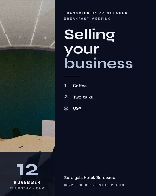 Sample flyer, "Column · Silver midnight" template, Business meetup: "Selling your business"